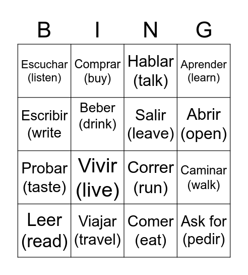 Verbos regulares Bingo Card