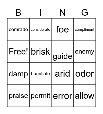 Vocabulary 1 Bingo Card