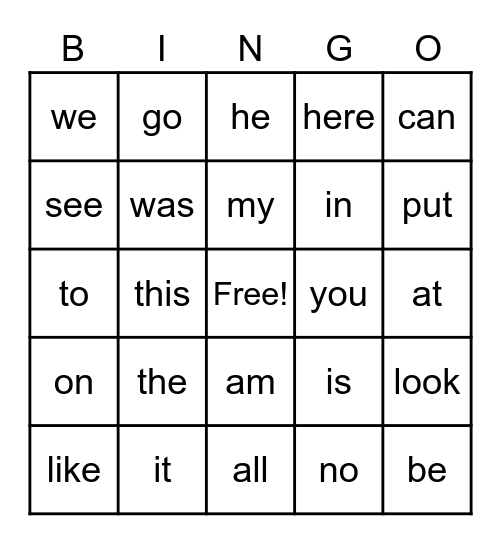 SIGHT   WORD Bingo Card