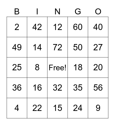 Multiplication Bingo Card