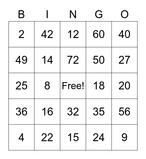 Multiplication Bingo Card