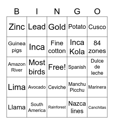 Peru Bingo Card