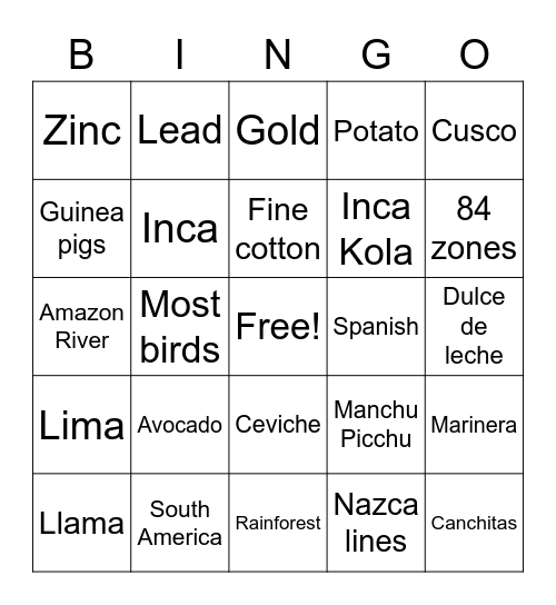 Peru Bingo Card