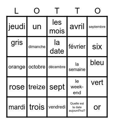 Test: mois, jours, couleurs, nombres Bingo Card