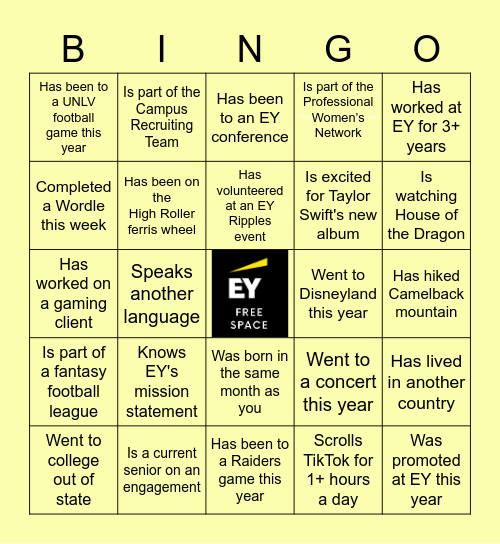 Experience EY Bingo Card