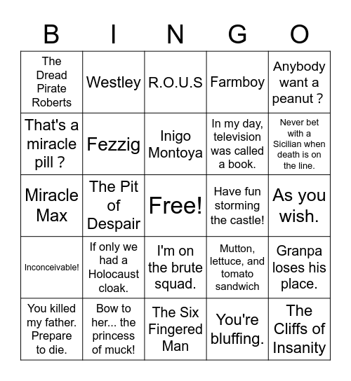 Princess Bride Bingo Card