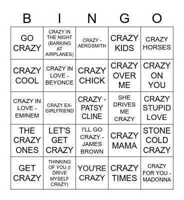 CRAZY Bingo Card