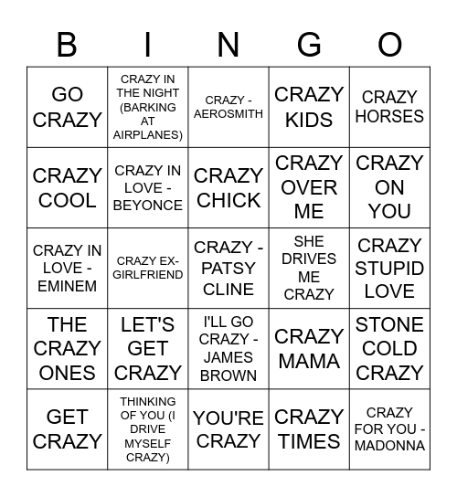 CRAZY Bingo Card