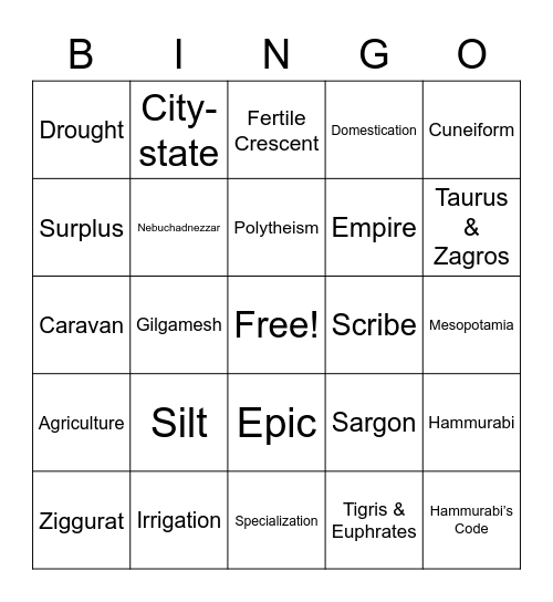 Ancient Mesopotamia Bingo Card