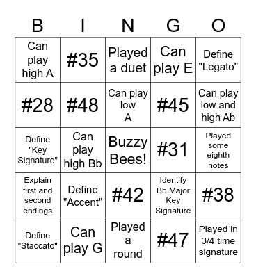 Bassoon Skills Bingo Card