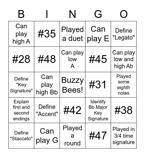 Bassoon Skills Bingo Card