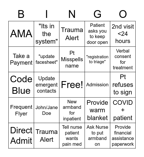 ER Bingo - Registration Bingo Card