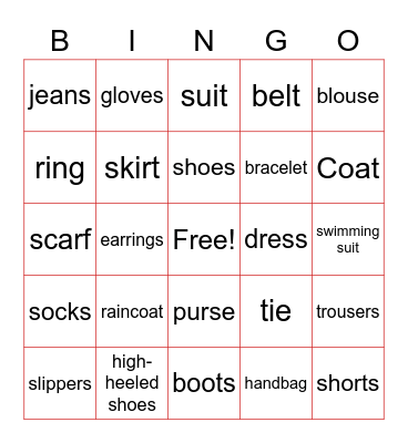 clothes Bingo Card