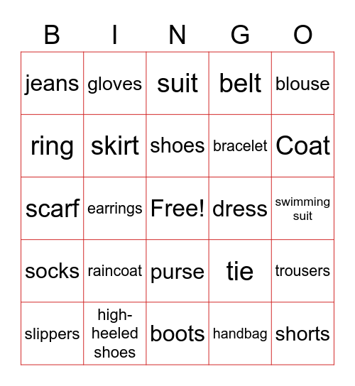 clothes Bingo Card