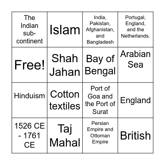 Mughal Empire Bingo Card