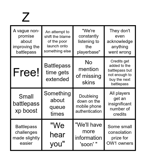 Blizzard Apology Bingo Card