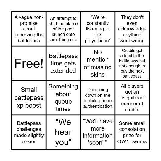 Blizzard Apology Bingo Card