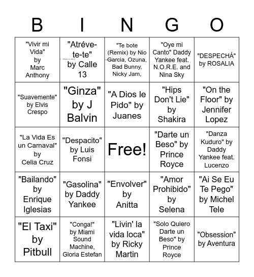 Latin Top Hits Bingo Card