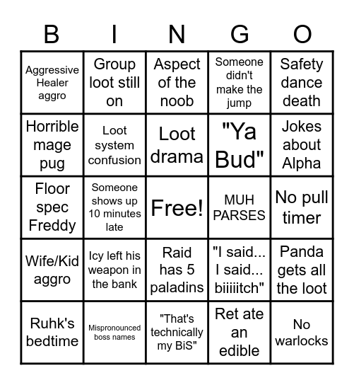 Raid night Bingo Card