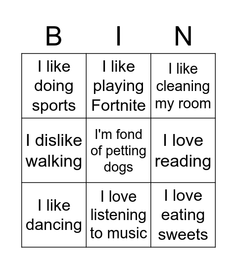Likes and dislikes Bingo Card