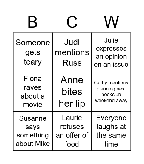 Bookclub Weekend! Bingo Card