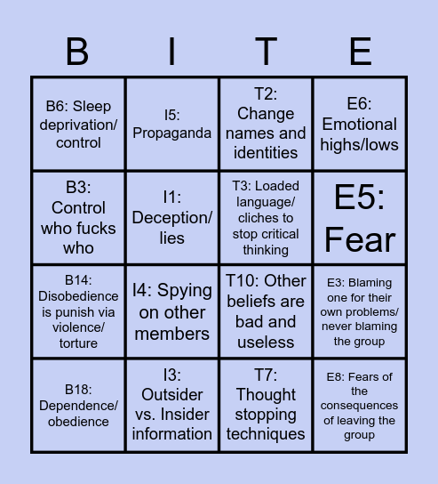 BITE Model BINGO Card