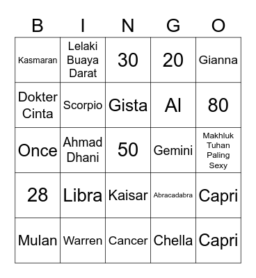 Kaelan Bingo Card