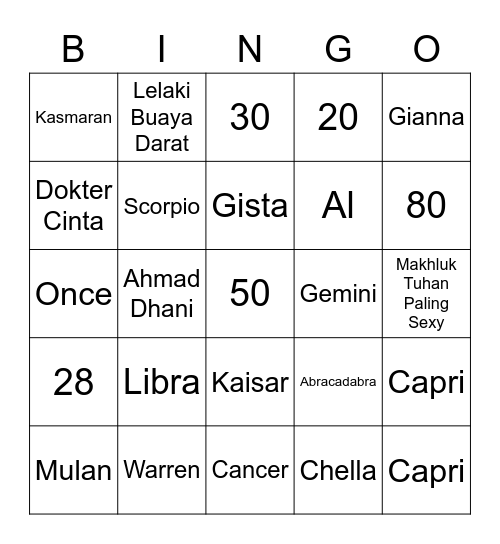 Kaelan Bingo Card