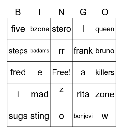 music Bingo Card