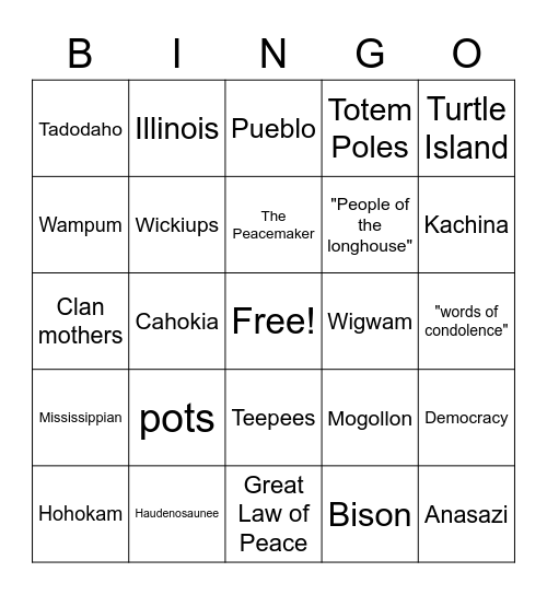 Native North America Bingo Card