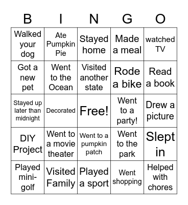 Fall Break Bingo Card