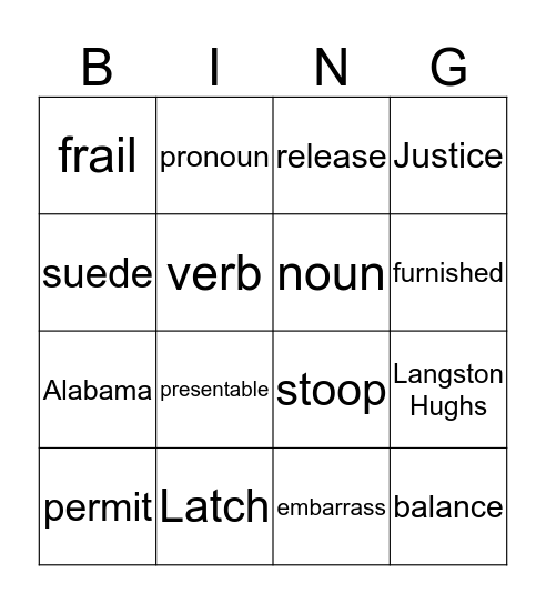 Unit 2 lesson one Bingo Card