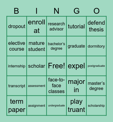 University Vocabulary Bingo Card