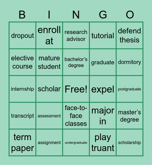 University Vocabulary Bingo Card
