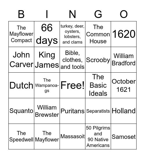 Pilgrims and Native Americans Bingo Card