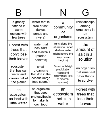5th Grade Plants & Animals Bingo Card