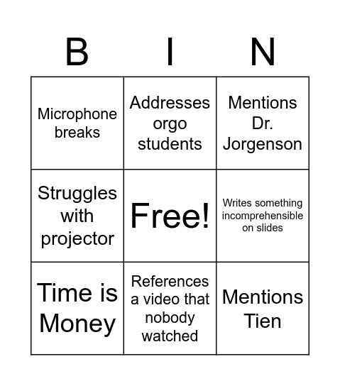 CHEM 241 Bingo Card