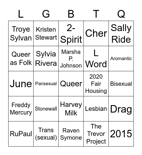 Coming Out Week Bingo Card