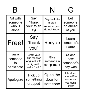 Acts of Kindness Bingo Card