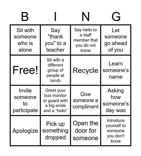 Acts of Kindness Bingo Card