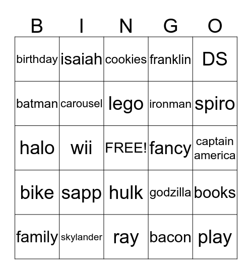 isaiahs birthday Bingo Card