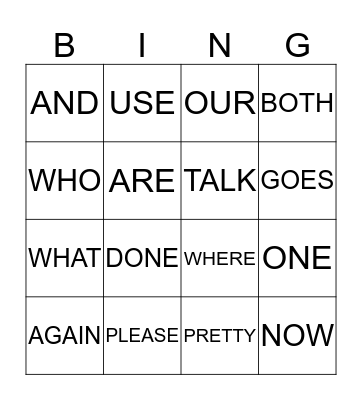 Sight Words Bingo Card
