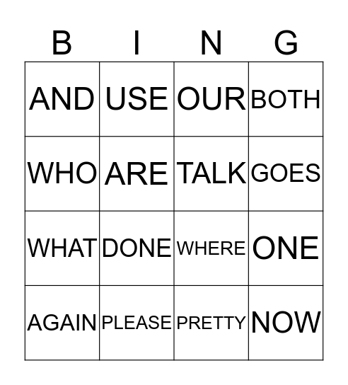 Sight Words Bingo Card