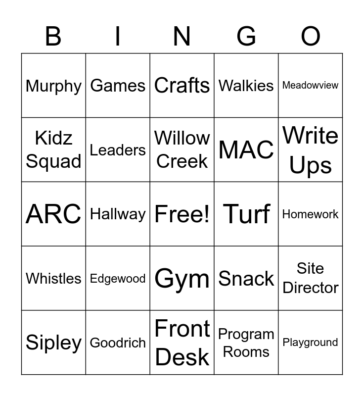 Kidz Squad Bingo Card