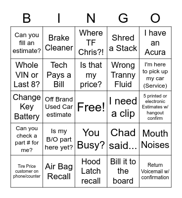 In - I'm here to pick up my car (Service) / Out - Return Online Parts Order email w/ confirm Bingo Card