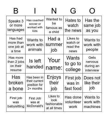 Career Human Bingo Card