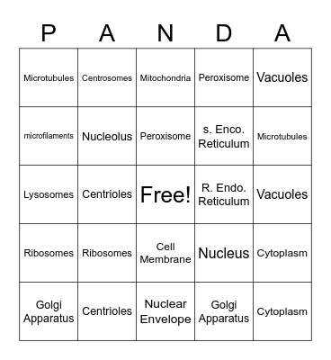 Animal Cell Bingo Card