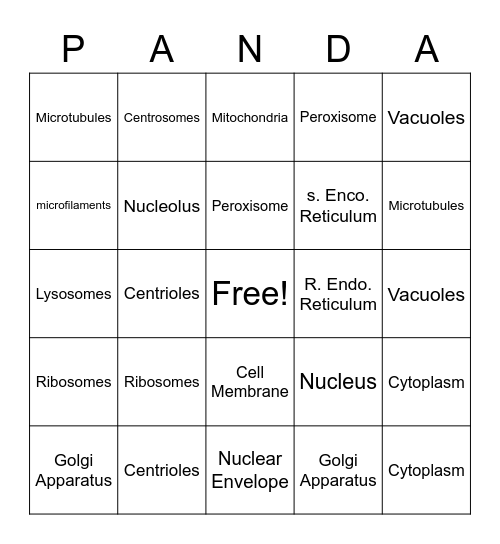 Animal Cell Bingo Card