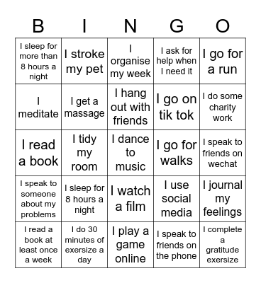 Healthy Habits Bingo Card
