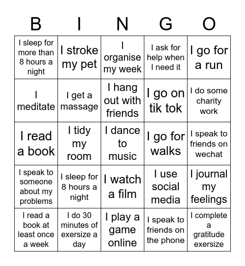 Healthy Habits Bingo Card